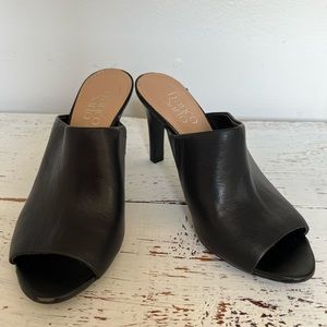 Franco Sarto Black Leather Quala Open Toe Mule High Heels